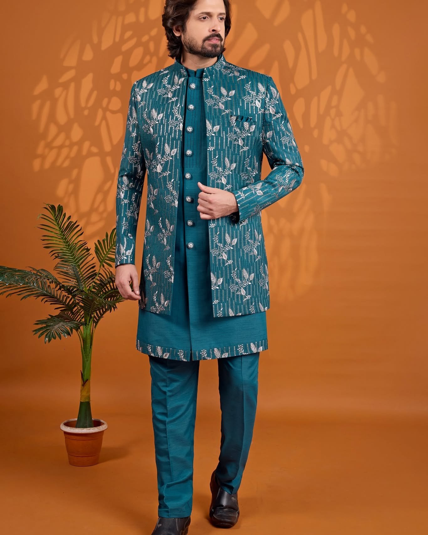D.No. 4303 Teal Green Designer 3-Piece Jacket Set for Men
